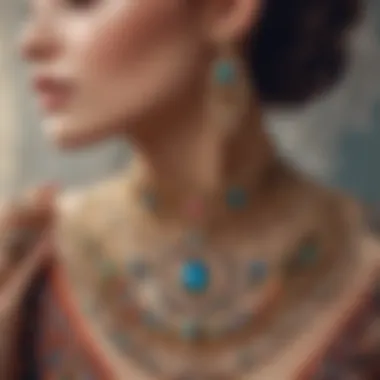 A close-up of intricate jewelry pieces that enhance the boho glam look.