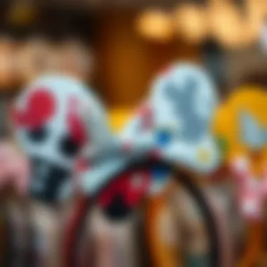 A close-up of intricately designed Disney headband ears featuring various character motifs.