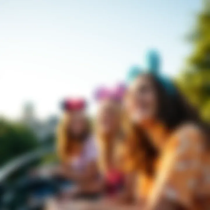 A group of friends wearing vibrant Disney headband ears while enjoying a theme park ride.