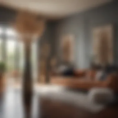 An elegant living room featuring a tall reed arrangement in a stylish floor vase.