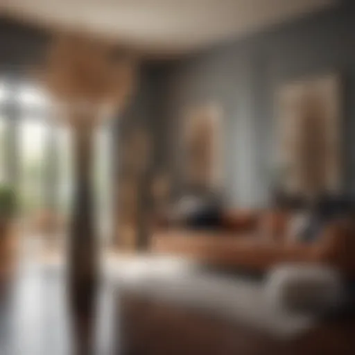 An elegant living room featuring a tall reed arrangement in a stylish floor vase.