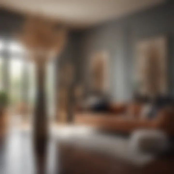 An elegant living room featuring a tall reed arrangement in a stylish floor vase.