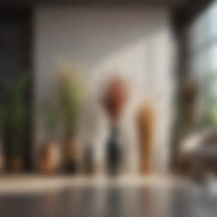 A modern interior design featuring a floor vase with tall reeds amidst other decor elements.