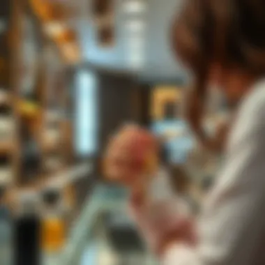 Consumer selecting a 5 ml perfume bottle in a boutique