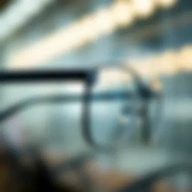 Close-up view of ultra light titanium eyeglass frames emphasizing comfort and fit