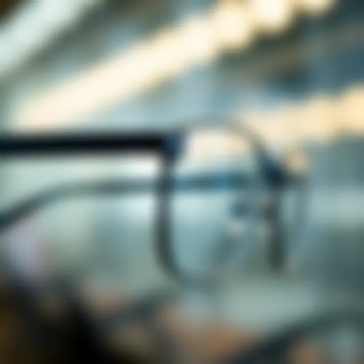 Close-up view of ultra light titanium eyeglass frames emphasizing comfort and fit