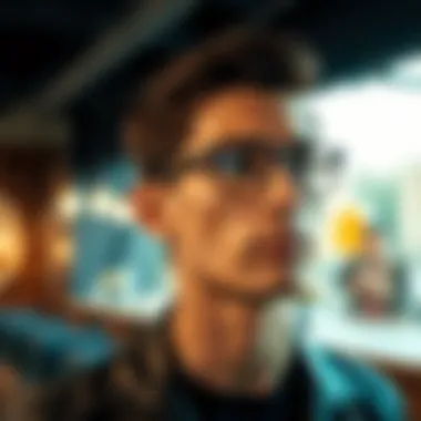 Stylish individual wearing ultra light titanium eyeglass frames in a trendy setting