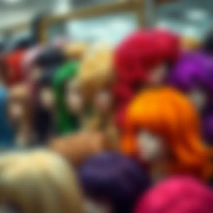 A variety of colorful wigs on display showcasing different styles