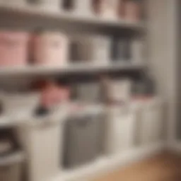 Chic storage bins arranged neatly on a closet shelf, showcasing various patterns and textures.