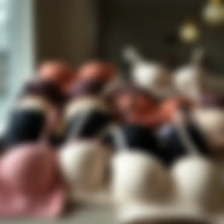 Diverse styles of front closure strapless bras arranged aesthetically