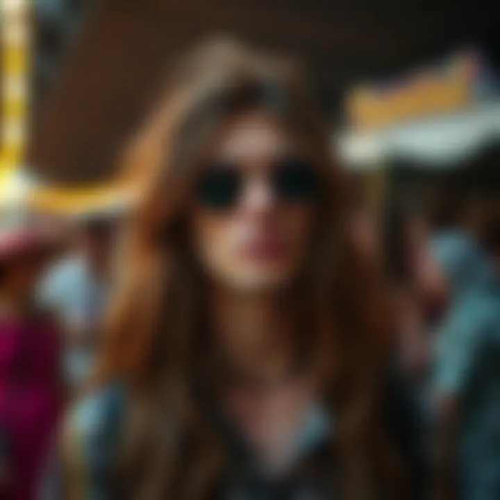 A stylish individual wearing a long hippie wig at a festival