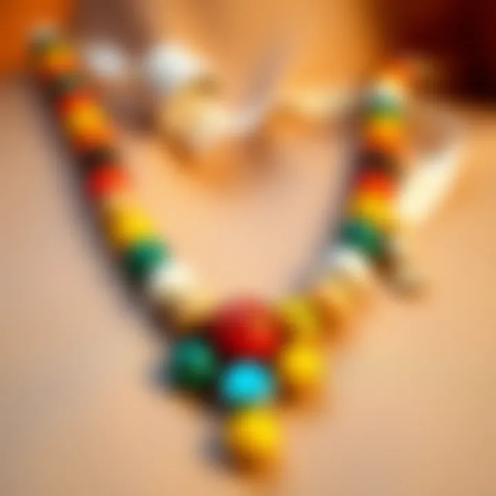 A vibrant necklace made with round clay beads