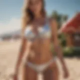 A stunning white glitter bikini displayed against a vibrant beach backdrop