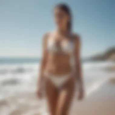 A serene beach scene highlighting sustainable fashion choices with the white glitter bikini