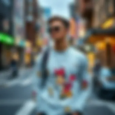 A fashionable individual showcasing a cartoon long sleeve shirt in urban settings