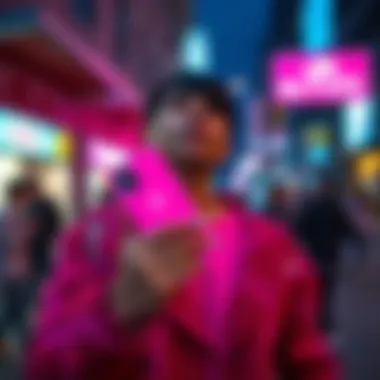 Person showcasing neon pink case in a fashionable urban setting