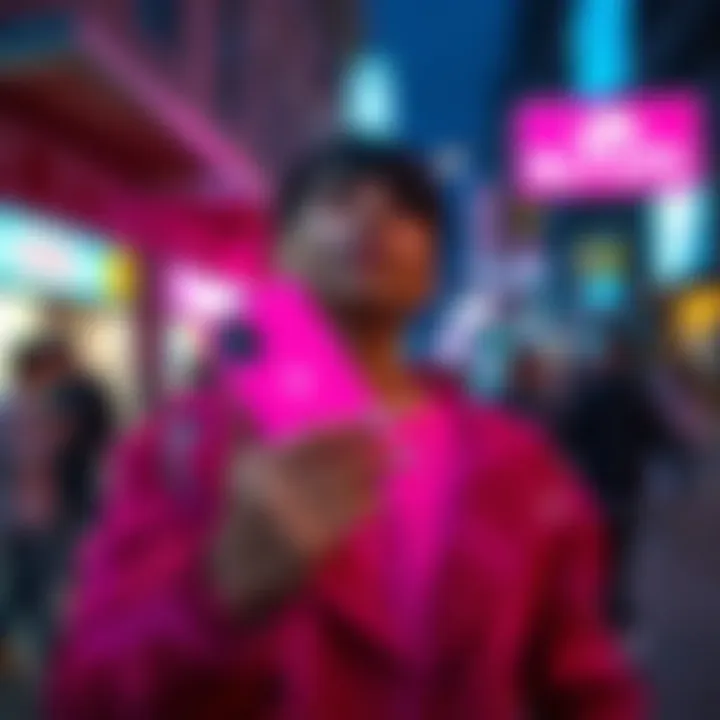 Person showcasing neon pink case in a fashionable urban setting