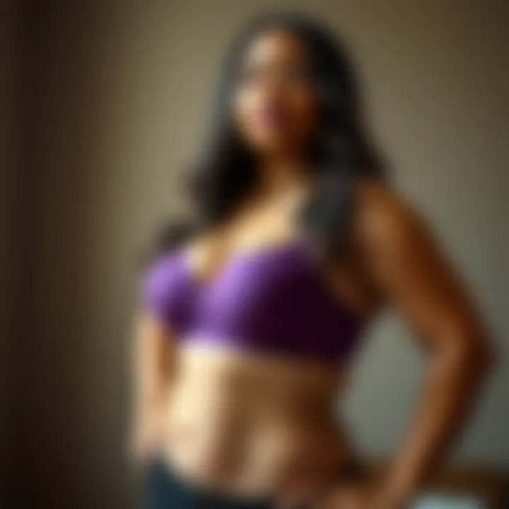 A confident model wearing a purple plus size bra, radiating body positivity
