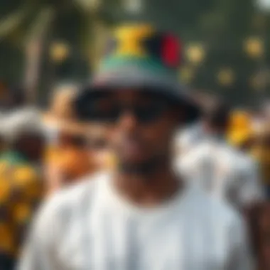 A stylish individual wearing a Jamaican bucket hat at a cultural festival