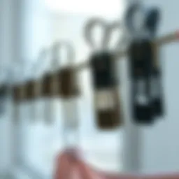 A close-up view of various clothesline clips showcasing their design