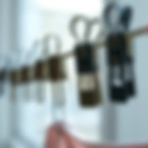 A close-up view of various clothesline clips showcasing their design