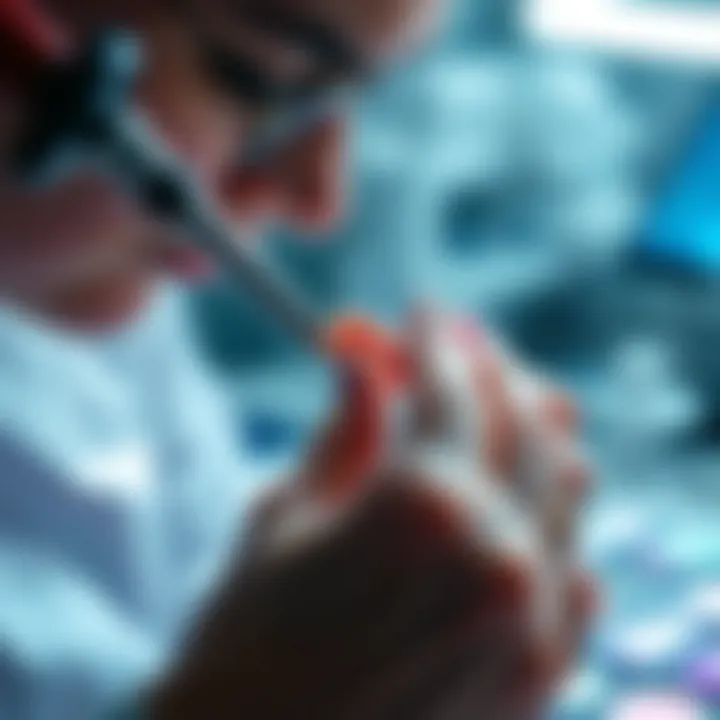 An artist applying holographic nail foil on a nail design