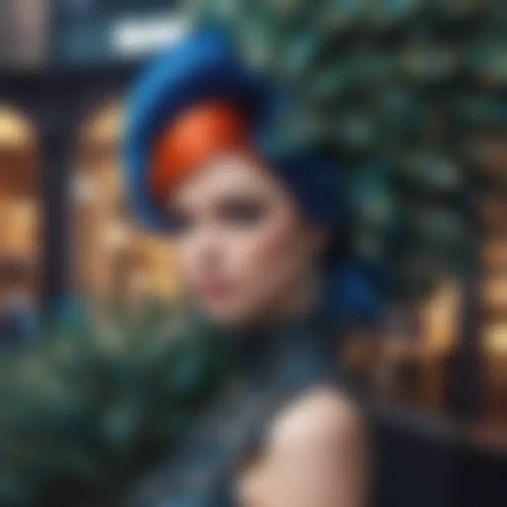 Fashionable individual wearing a peacock wig in a vibrant setting