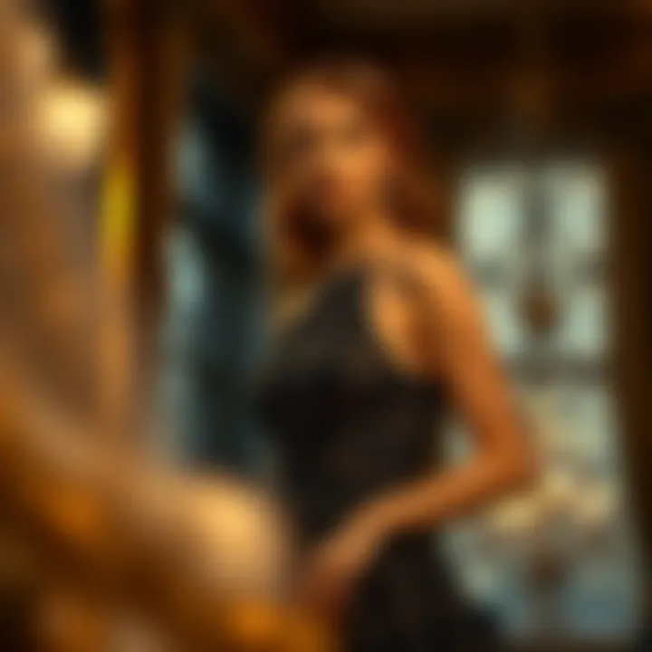 Elegant styling of a jacquard evening dress