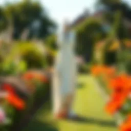 Elegant long sundress with pockets displayed in a sunny garden setting