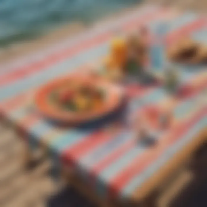 A vibrant beach table cloth spread across a wooden picnic table by the sea