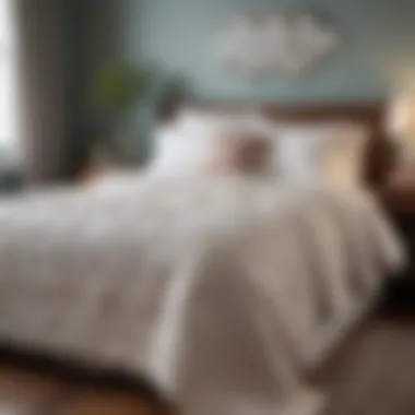 A cozy bedroom featuring a seersucker quilt as the centerpiece