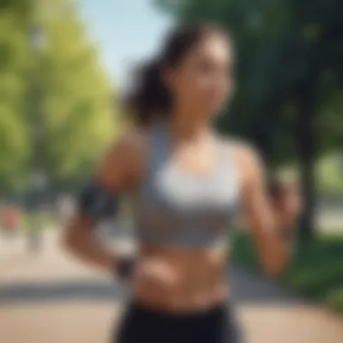 An active individual wearing a mobile phone armband while jogging in the park