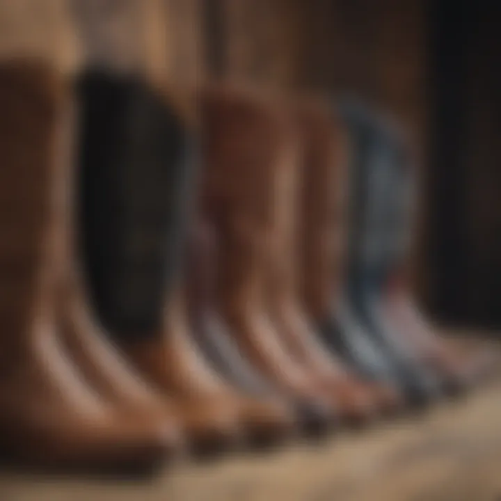 Various styles of western boots displayed on a rustic wooden background