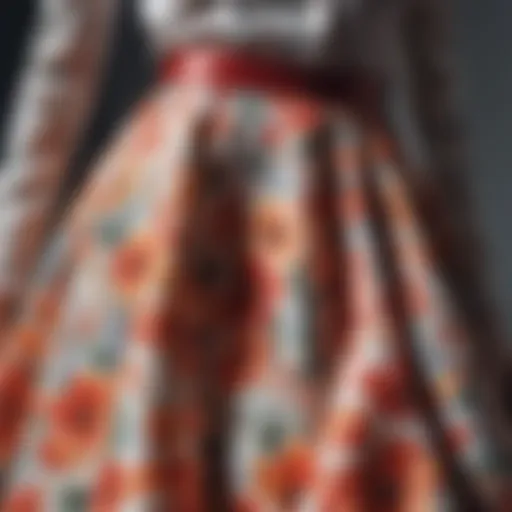 A close-up of the floral patterns on a flare skirt