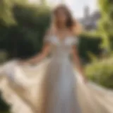 A bride gracefully twirling in a flowy chiffon wedding dress in a sunlit garden.