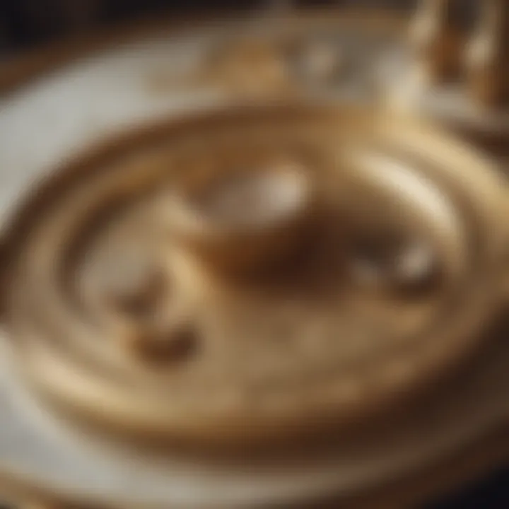 Close-up of a gold tray featuring decorative elements and organization.