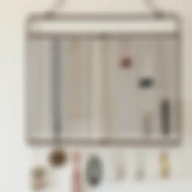 Chic metal grid hanging jewelry display showcasing necklaces and earrings