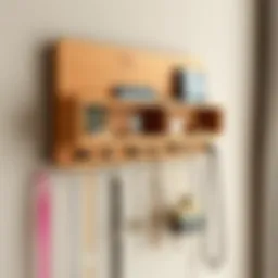 Elegant wooden wall-mounted jewelry organizer with hooks and compartments