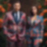 Couple showcasing vibrant matching outfits with floral patterns