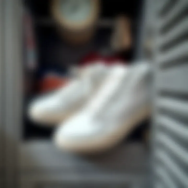 A well-organized nurse's locker with all-white leather sneakers