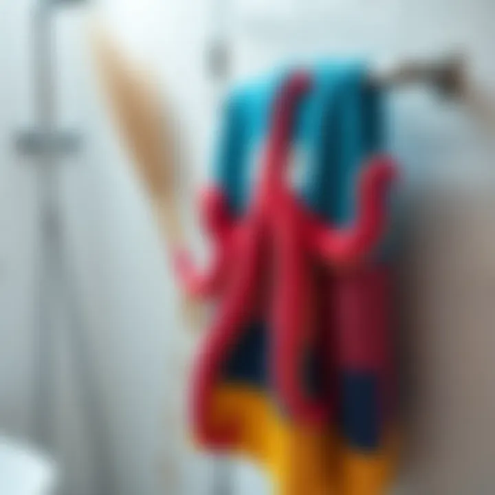Colorful octopus bath towel draped elegantly on a bathroom rack