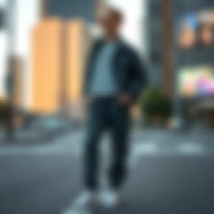 Fashion model dressed in stylish parachute sweatpants in an urban setting