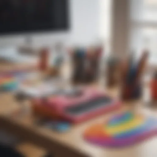 A collection of colorful rainbow desk accessories arranged aesthetically on a workspace.