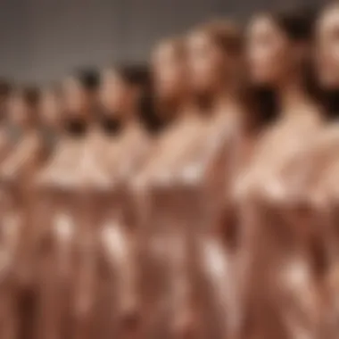 Group of diverse models showcasing rose gold dresses at an event