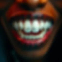 Close-up view of a single tooth grillz featuring fang design
