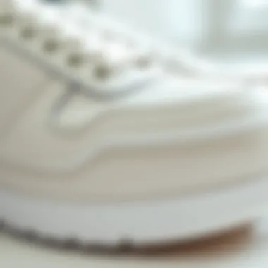 Close-up of the texture and design of all-white leather sneakers
