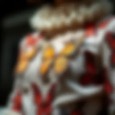 Close-up of a dress featuring intricate butterfly motifs.