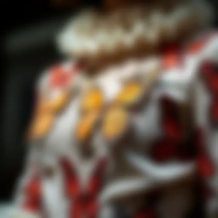 Close-up of a dress featuring intricate butterfly motifs.