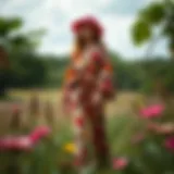 Vibrant floral pant set displayed in a serene outdoor setting