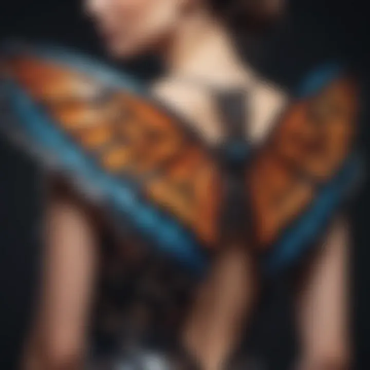 Artistic portrayal of butterfly wings incorporated into contemporary clothing design